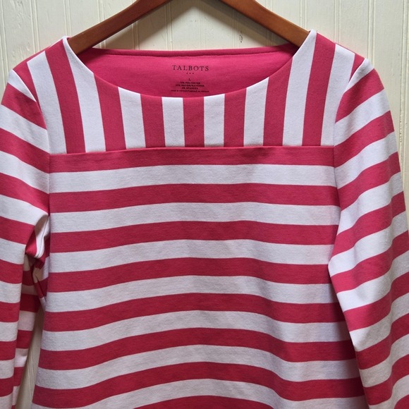Talbots Tops - Talbots Shirt Womens Large Pink White Stripe Boat Neck 3/4 Sleeve Zip Cuff Tunic